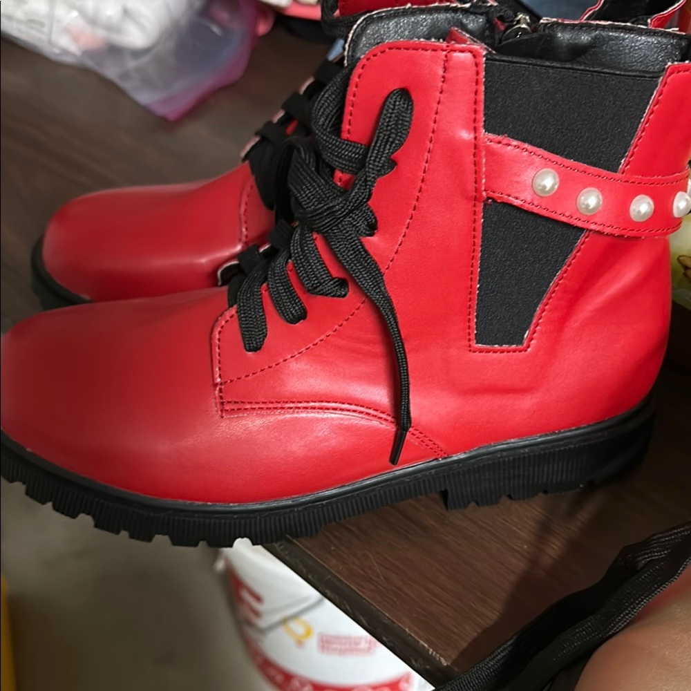 Red Pearl-Studded Ankle Boots